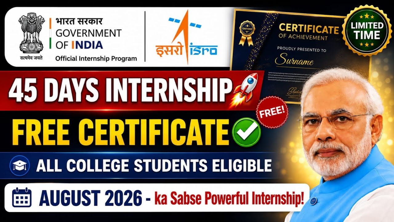 🚀ISRO 45 DAYS Internship Announced | For August 2026 | No Fees No Exam | Free Certificate 🔥