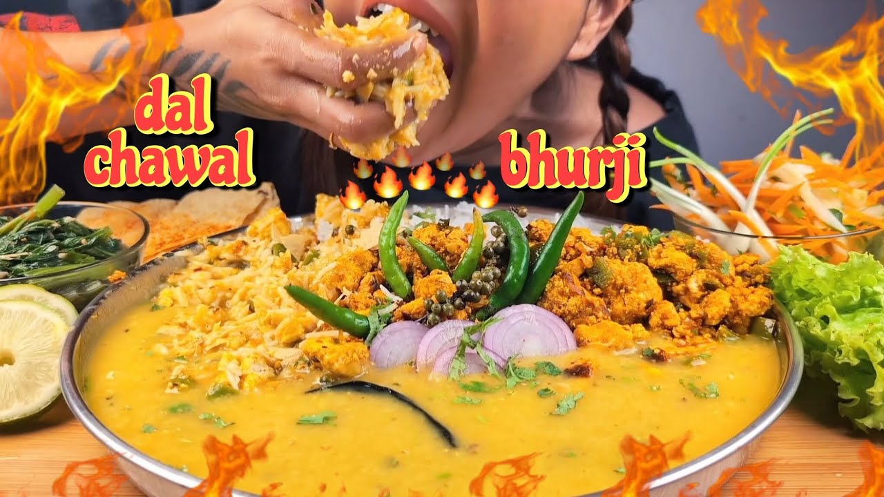 COOKING & EATING DAL CHAWAL, BHURJI MASALA, SAAG, SALAD & PAPAD & CHILLIES MUKBANG | DAL CHAWAL ASMR