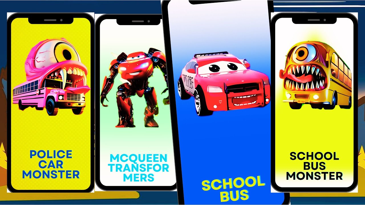 Police Car Monster vs MCQUEEN TRANSFORMERS vs SCHOOL BUS vs School Bus Monster  Tiles Hop EDM Rush