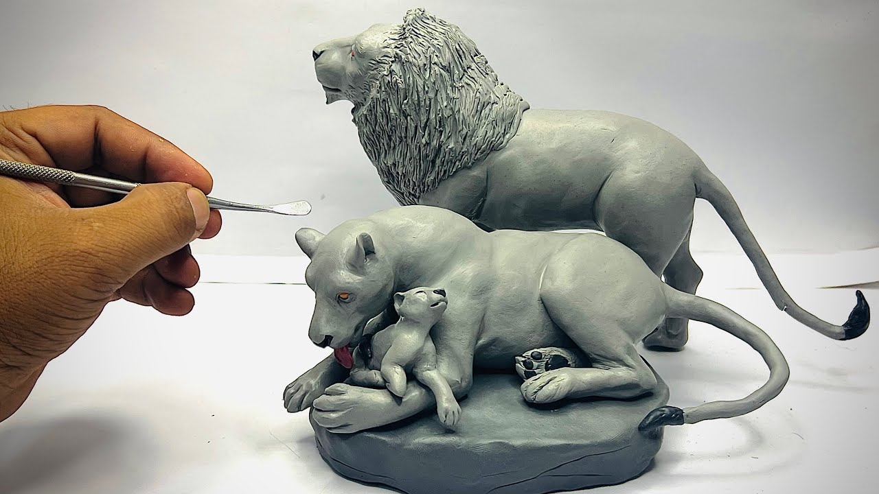 clay sculpting: lion family sculpt with clay step by step easy, clay modelling, clay animal art,