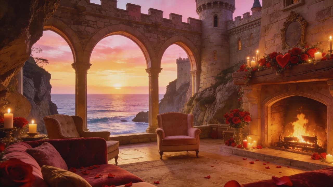 Cozy Castle Fireplace & Ocean Sounds 🌊🔥 Romantic Valentine’s Dusk Ambience for Sleep (5 Hours)
