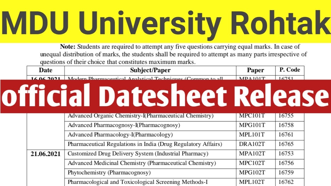 Mdu University Datesheet Release ll MDU University June 2021 ll online exam 2021