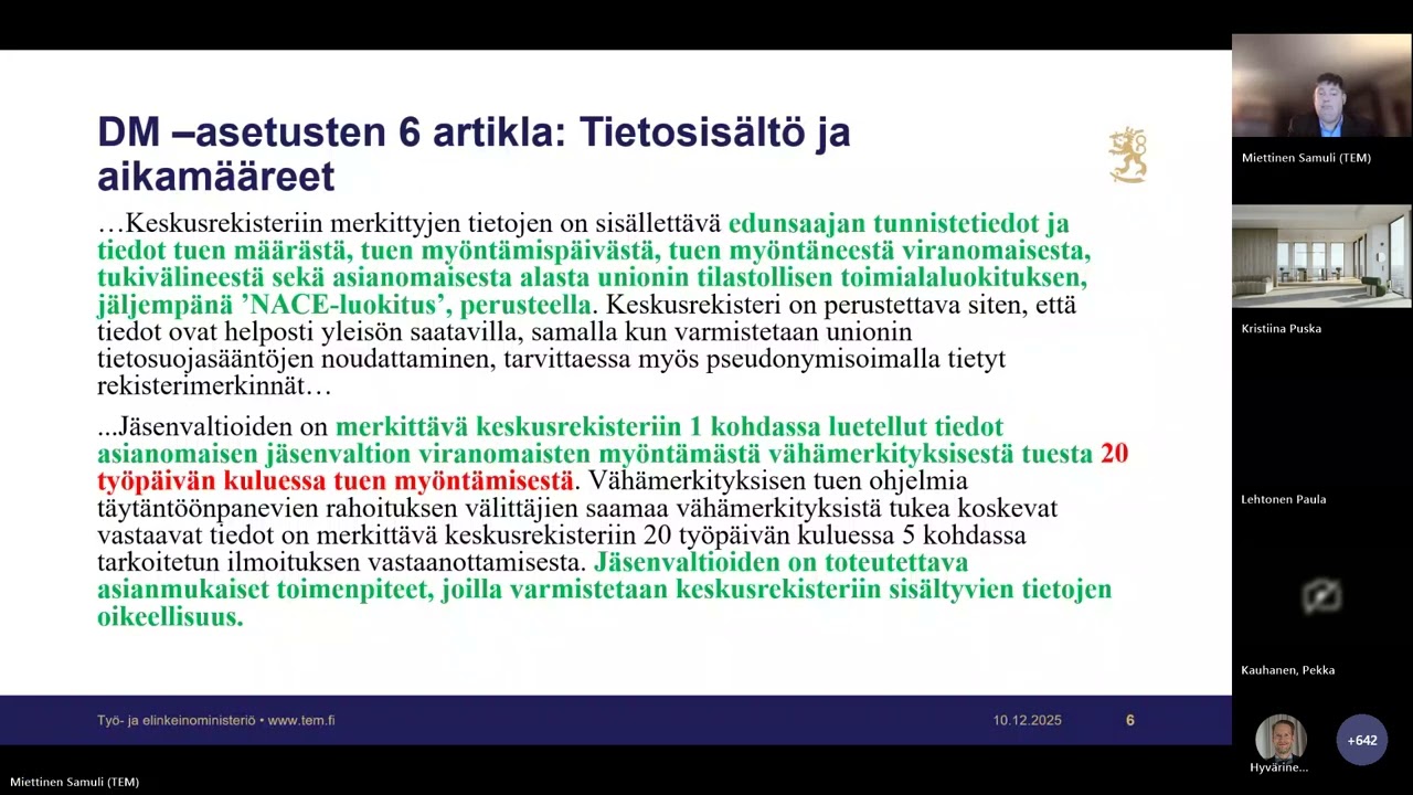 De minimis -tukien rekisteröintivelvollisuutta koskeva tiedotustilaisuus 10.12.2025