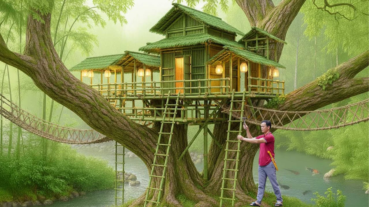 Survival Build Bamboo Tree House - Setting Traps in the Jungle - Foraging