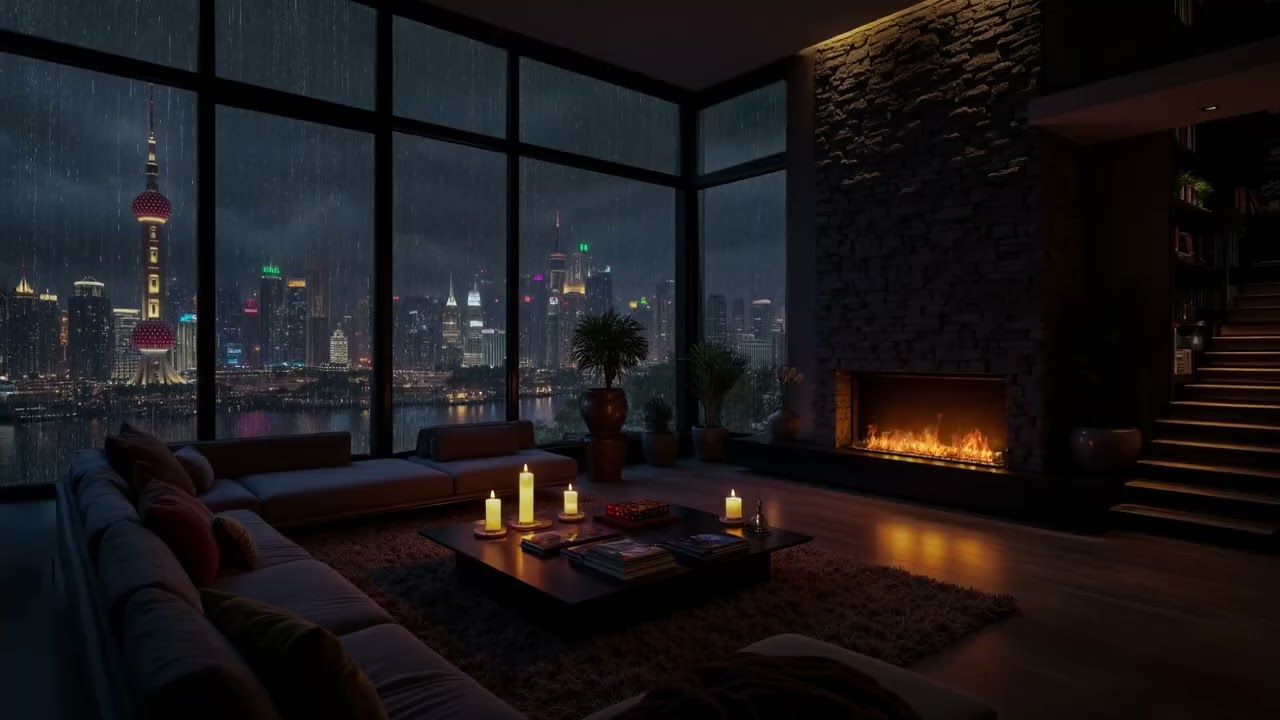 Rain City Night 🌧️ Cozy Bedroom Ambience with Fireplace Crackling | Rain Sounds for Sleeping, Relax