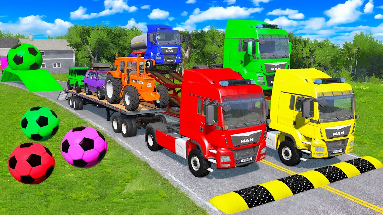 Triple Flatbed Trailer McQueen Transportation with Truck - Speedbumps vs Cars vs Train - BeamNG #16