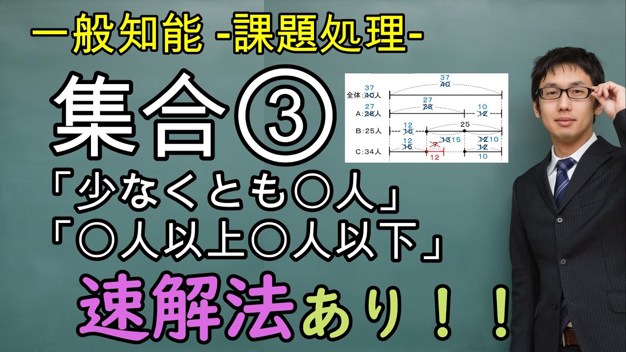 集合③「少なくとも〇人」「〇人以上〇人以下」－　基本問題×２，本試験問題×１【課題処理(判断推理)、一般知能】