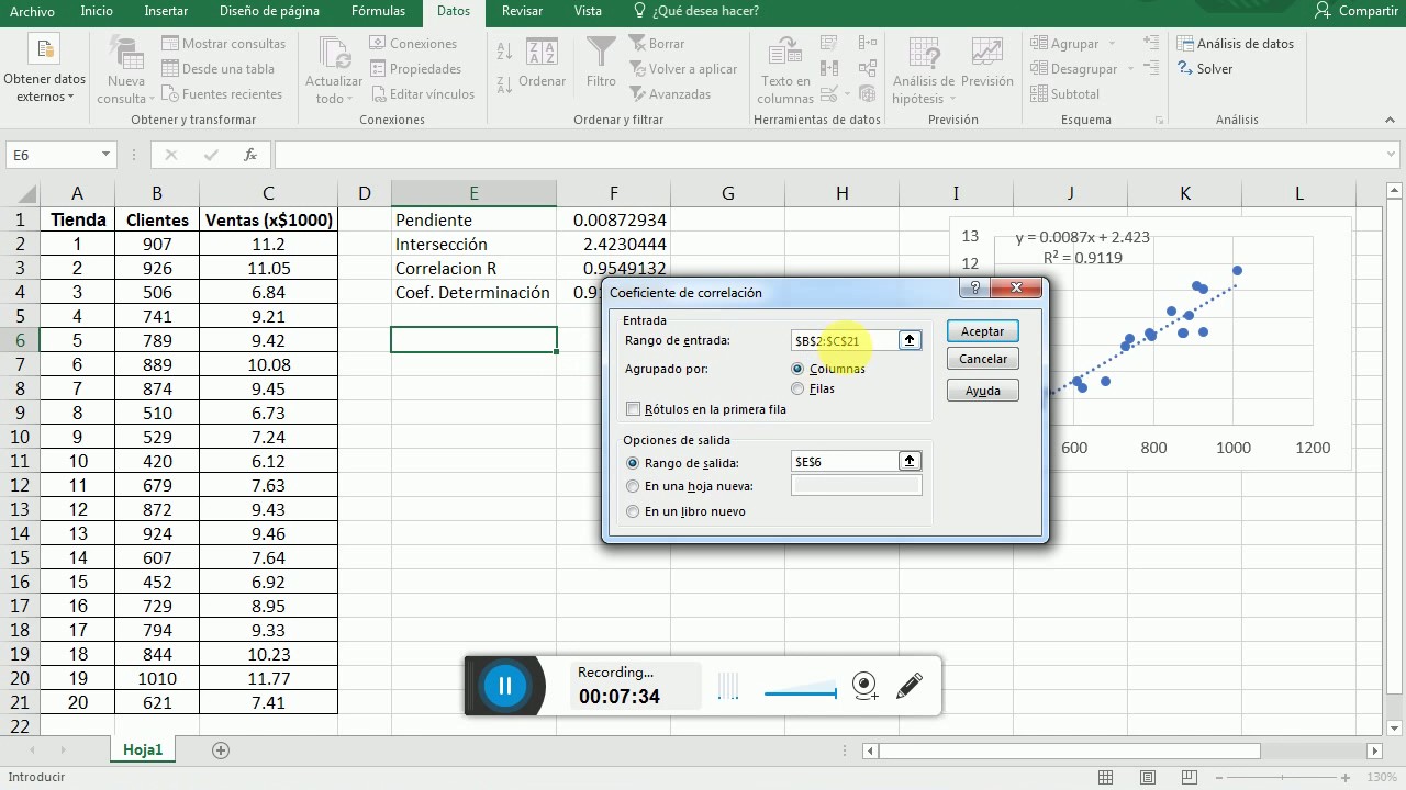Sección 2.12 Ejercicio 01. Regresión y correlación en Excel