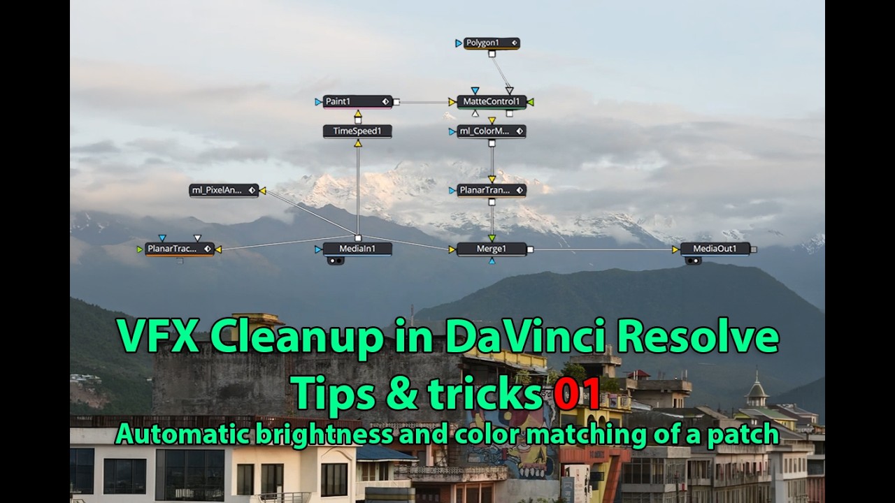 VFX Cleanup in DaVinci Resolve (Fusion). Automatic brightness and color matching of a patch.