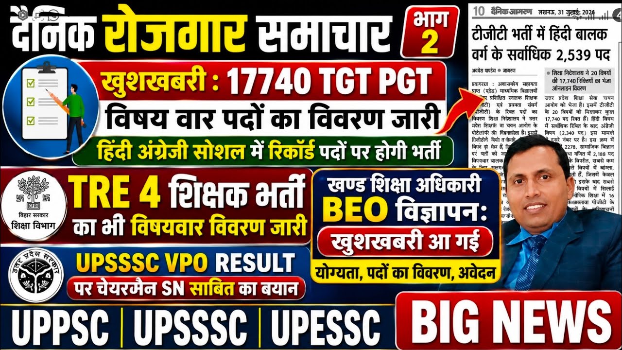 खुशखबरी :UP TGT मे विषयवार बंपर पदों का विवरण BEO 2026 NOTIFICATION TRE 4 BIG NEWS UPSSSC VPO RESULT