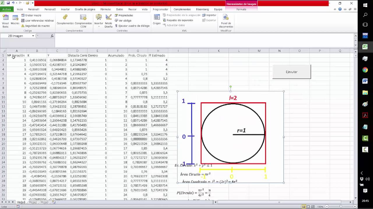 VBA estimación de Pi por el método de simulación de Montecarlo