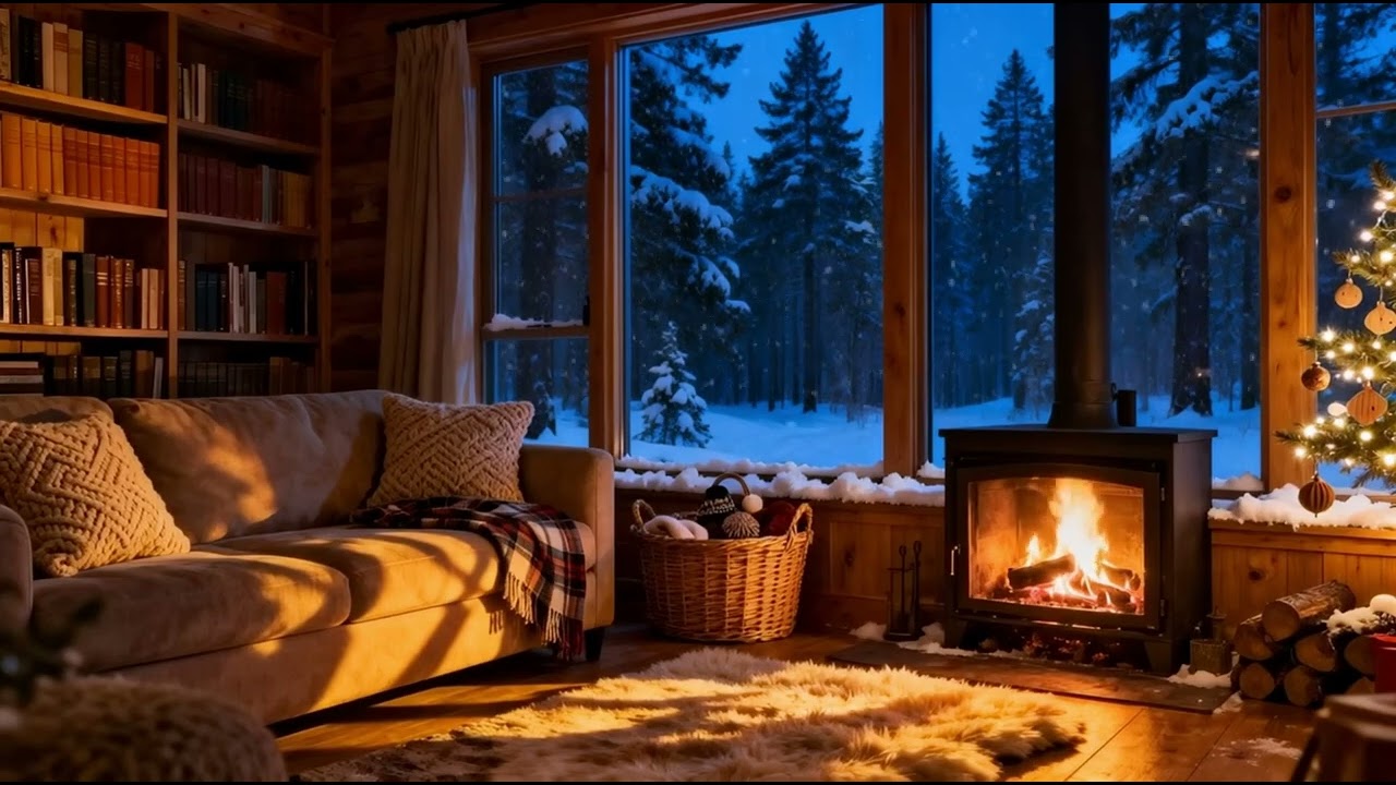 Cozy Snowy Cabin: Soft Fireplace Crackles & Winter Night Ambience for Sleep and Study
