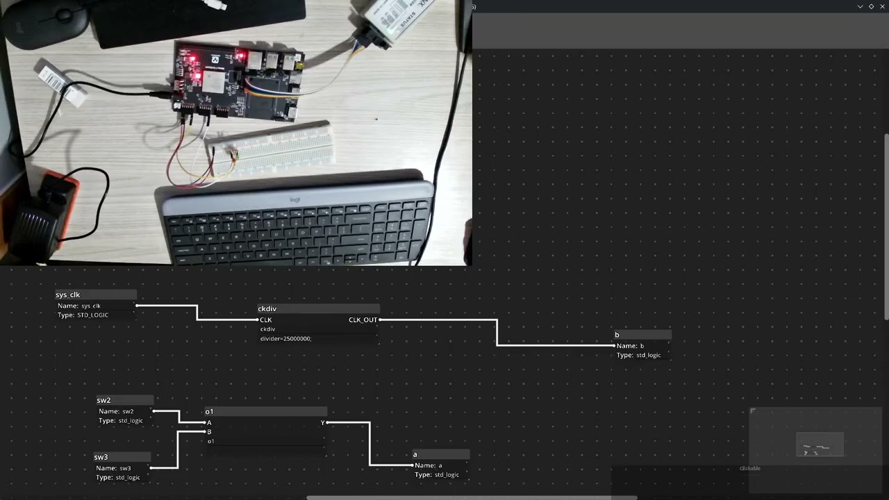 Example of programing a clk divider and a combinatorial circuit on a Kintex7 FPGA from AMD-Xilinx.