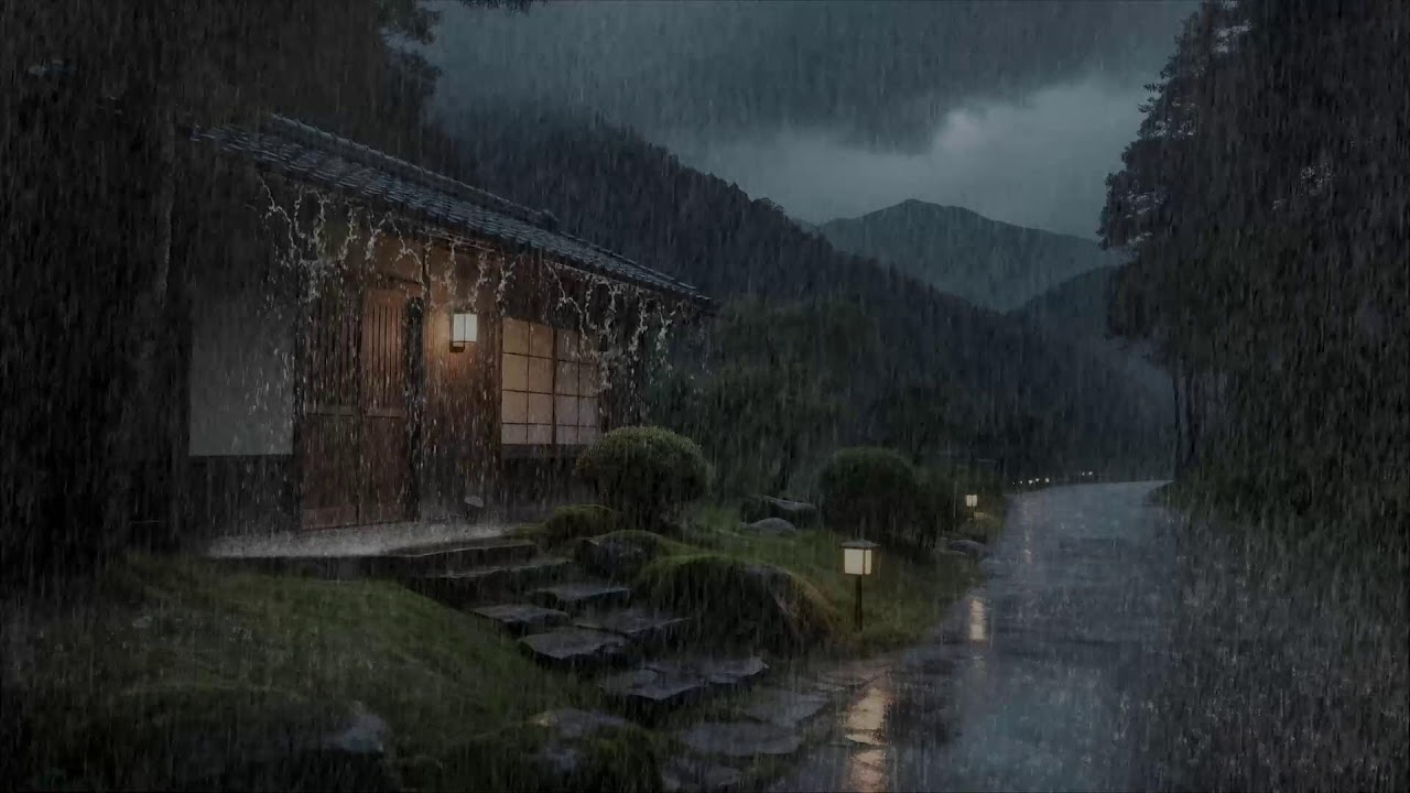 Restful Energy Rainfall Over Wooden Cabin for Deep Sleep and Relaxation