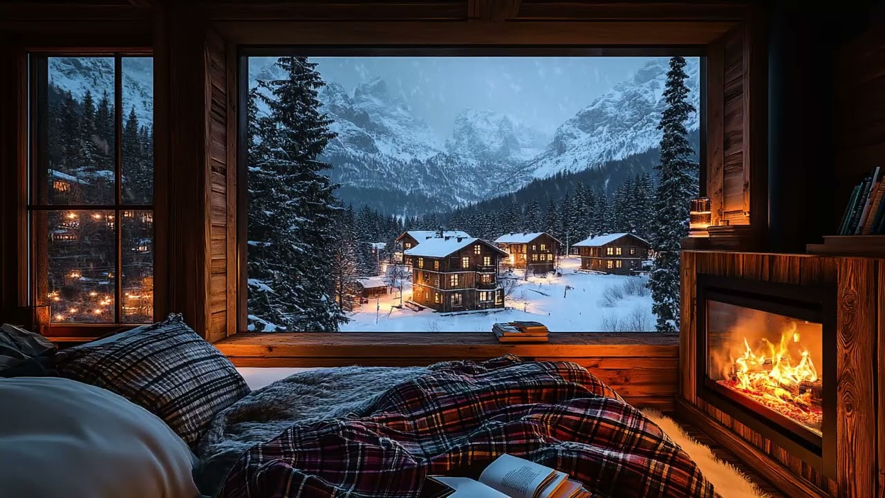 Warm Cabin Night in Falling Snow | Soft Firelight and Drifting Snow Outside for Instant Sleep & Calm