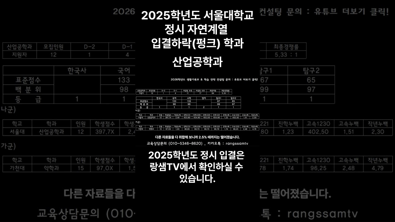 2025학년도 서울대학교 자연계열 입결하락 (펑크) 학과 #shorts #서울대정시 #서울대입결