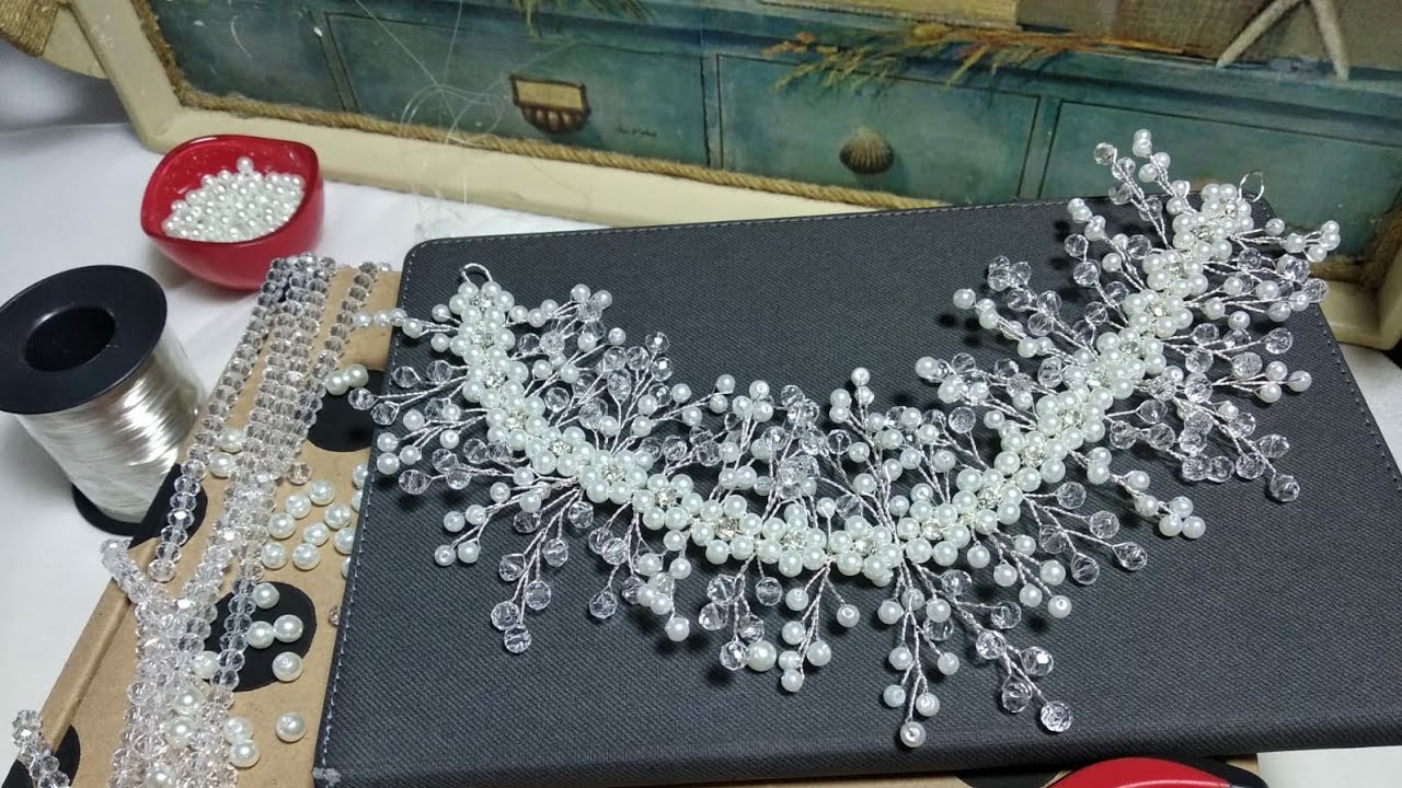 Gelin tacı yapımı/Kristal taşlı gelin tacı yapımı/İncili saç ve türban aksesuarı