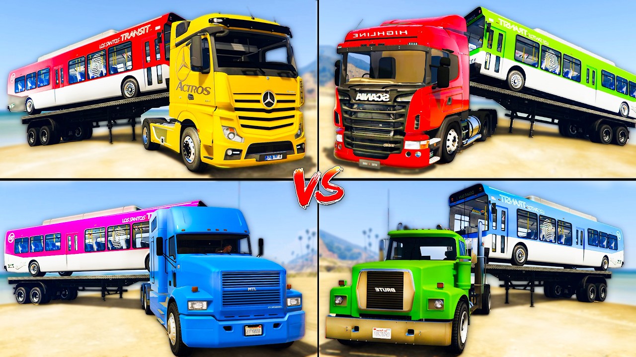 GTA 5 Color Flatbed Trucks Comparison : Mercedes vs Scania vs Brute vs MTL - Which is better?