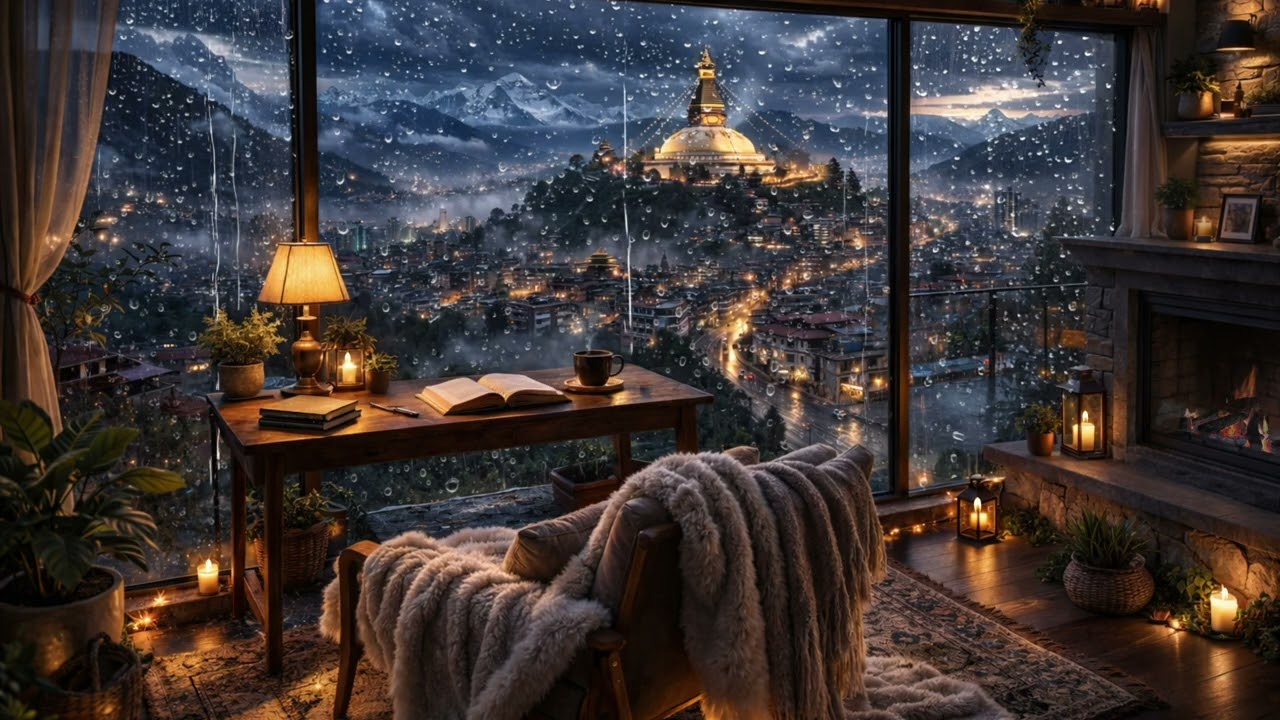 Rain Over Kathmandu ☕ Swayambhunath Golden Stupa | 4K Cozy Window + Fireplace Ambience