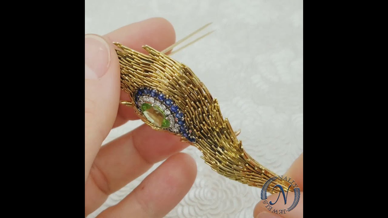 Vintage Tiffany & Co, Diamond, Sapphire & Peridot Peacock Feather Brooch in 18k Yellow Gold