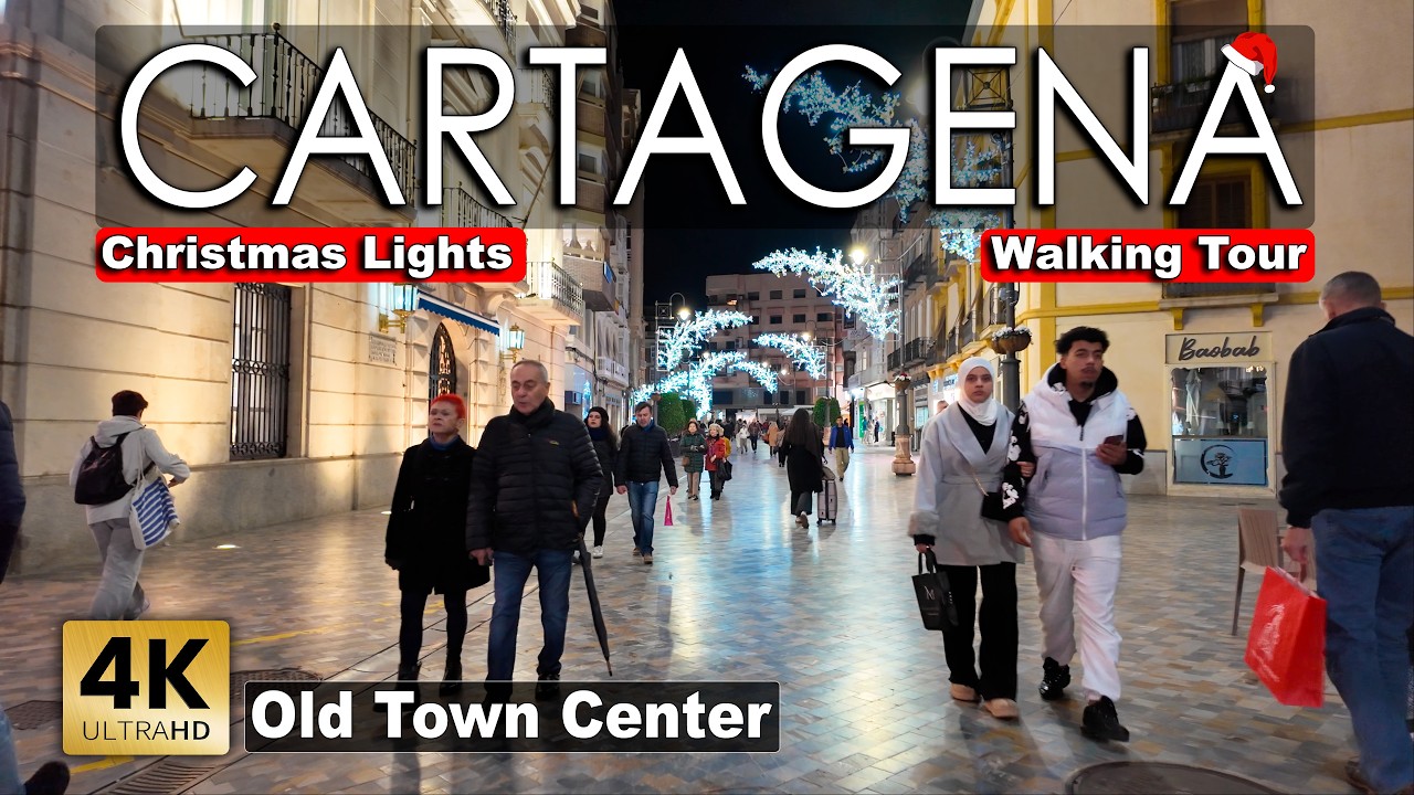 Cartagena Christmas Lights 2025&ndash;26 | Night Walking Tour City Center | Spain 4K 60fps