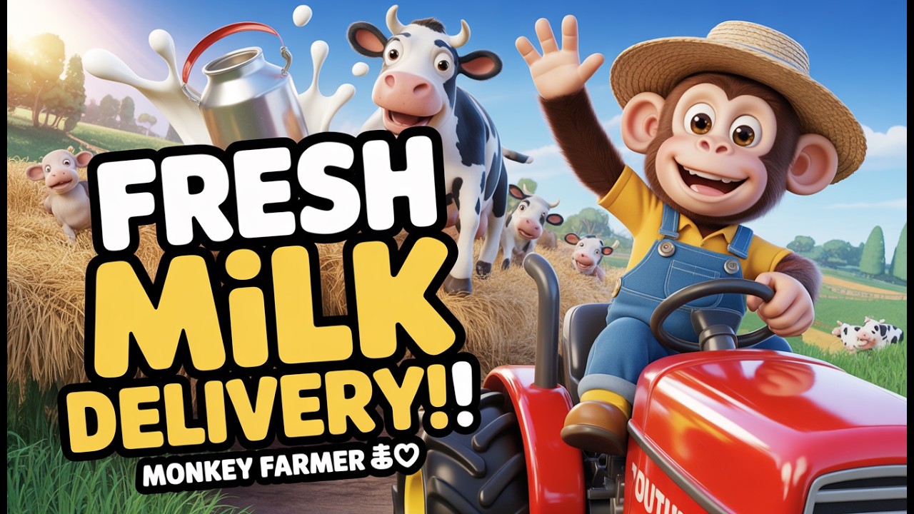 🐄🥛 Monkey Farmer Delivers Fresh Milk by Tractor | Fun Farm Adventure for Kids 🚜🐒