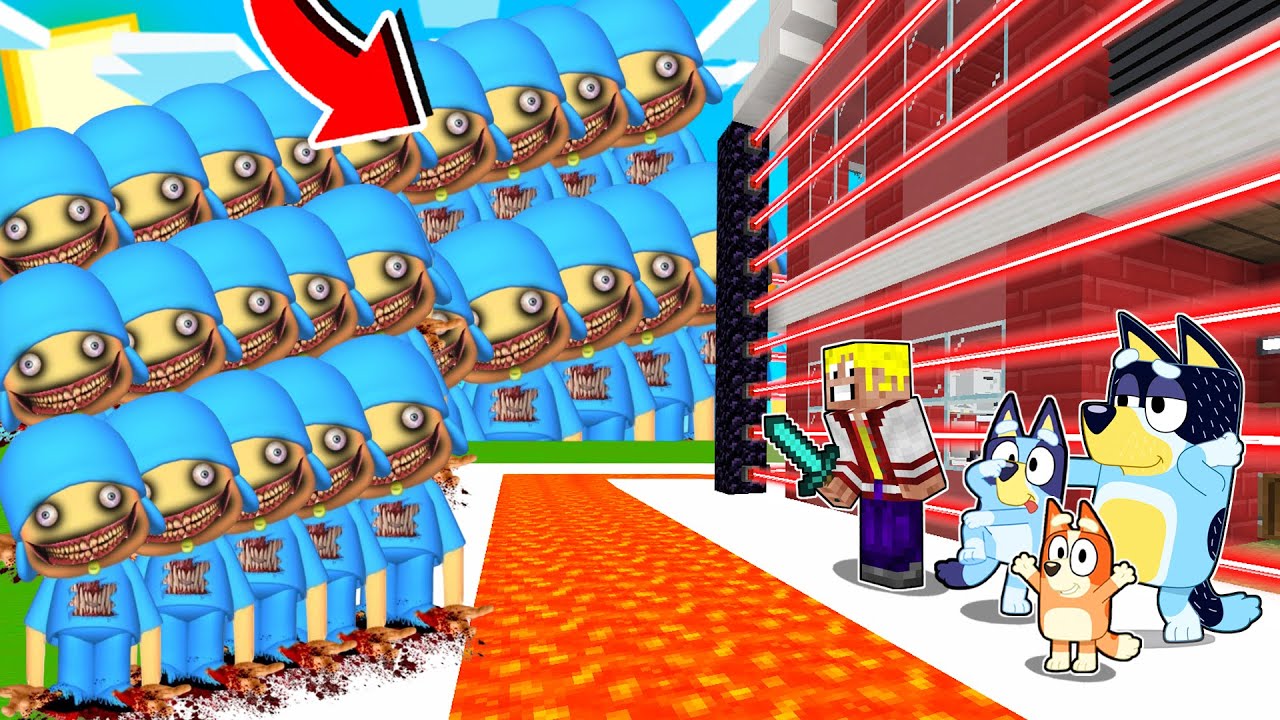 LA FAMILIA DE BLUEY ME AYUDA A DEFENDER MI CASA DEL APOCALIPSIS DE POCOYÓ EN MINECRAFT