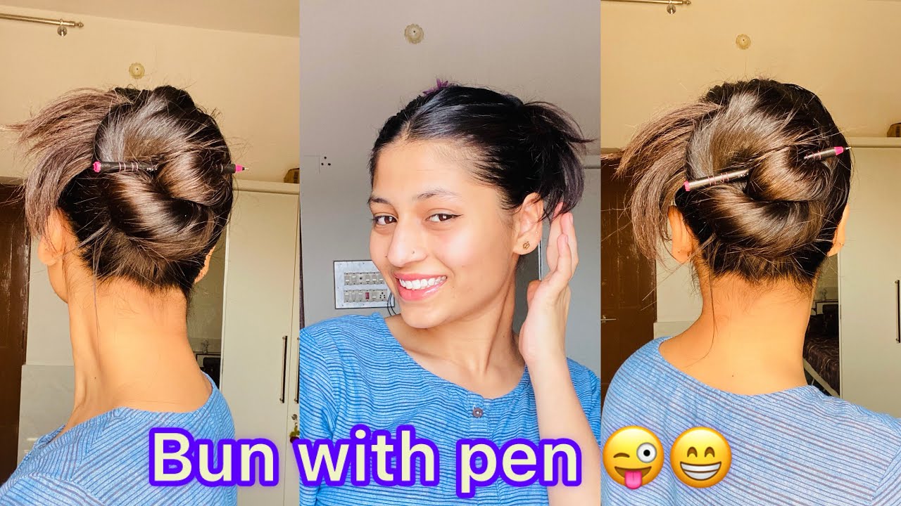 Beautiful and very simple bun | without any rubber tie | with pen 😜 #viral #hairstyle #viralvideo 