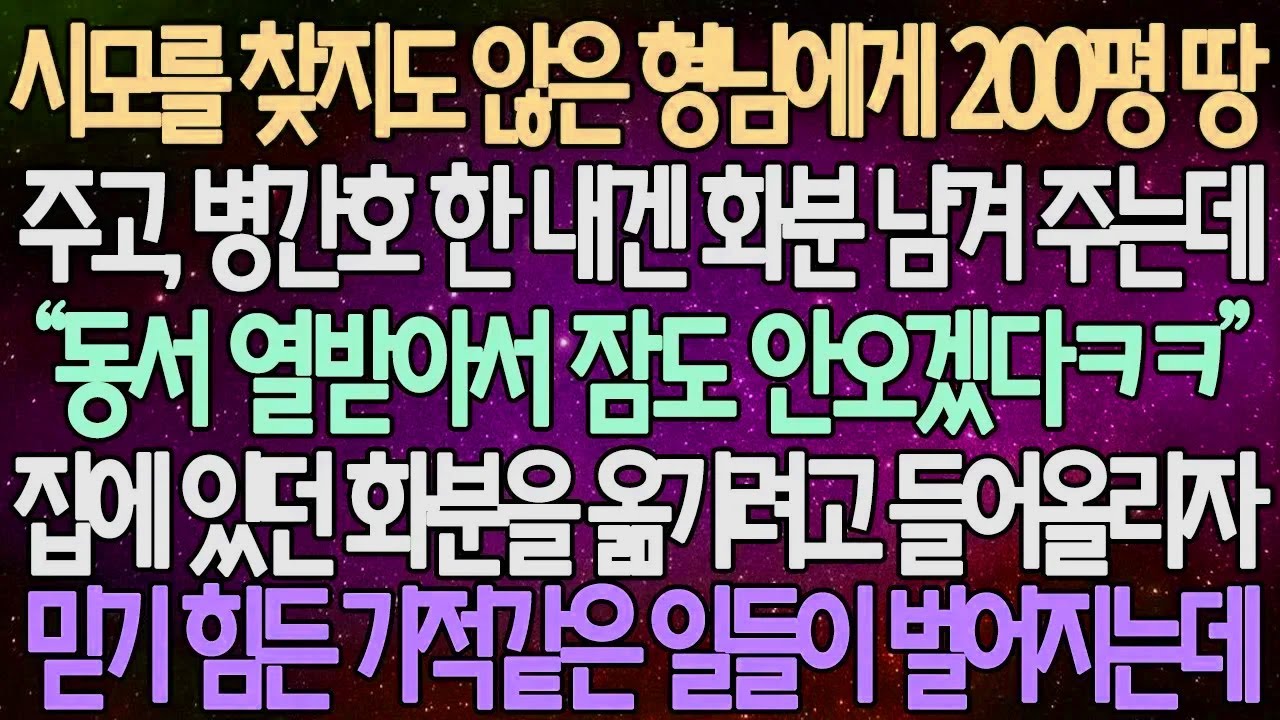 (반전 사연) 시모를 찾지도 않은 형님에게 200평 땅 주고 병간호 한 내겐 화분 남겨 주는데 집에 있던 화분을 옮기려고 들어올리자 믿기 힘든 기적같은 일들이 벌어지는데 사이다사연
