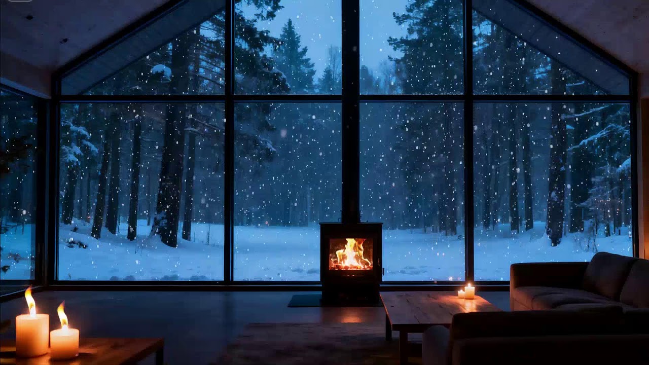 Quiet Paris Winter Night  Cozy Fireplace Glow and Snowfall Outside