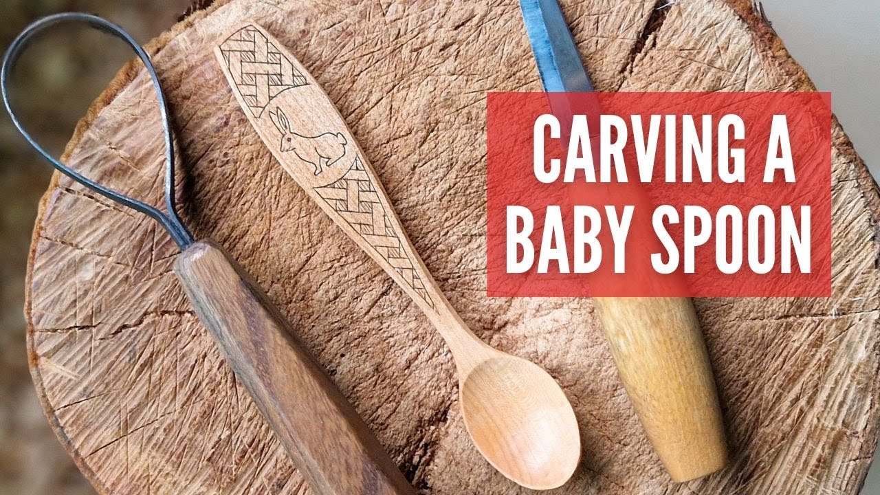 Carving a Baby Spoon With a Bunny Decoration. Traditional Woodworking With Kolrosing Decoration.