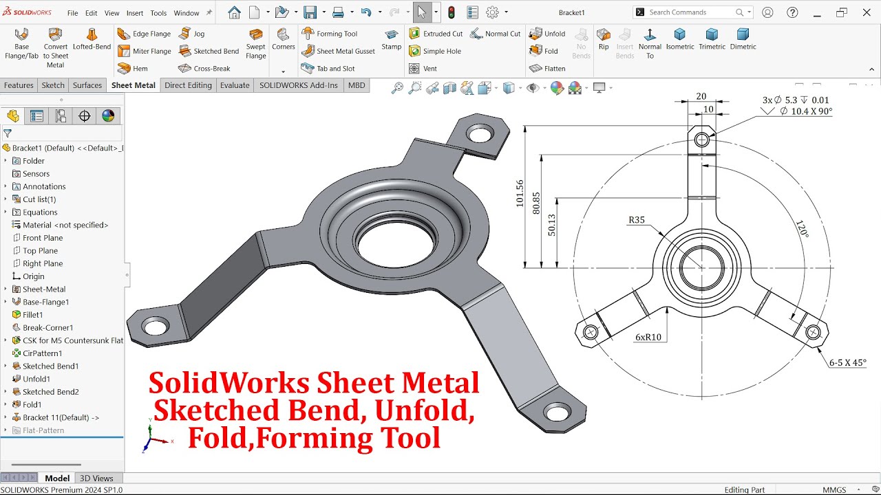 Упражнение SolidWorks по моделированию кронштейнов для листового металла (инструмент формовки)