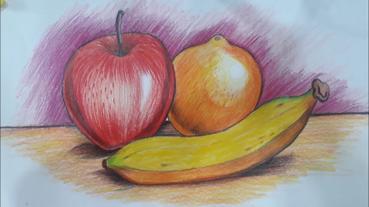 Realistic fruit composition with pencil colour
