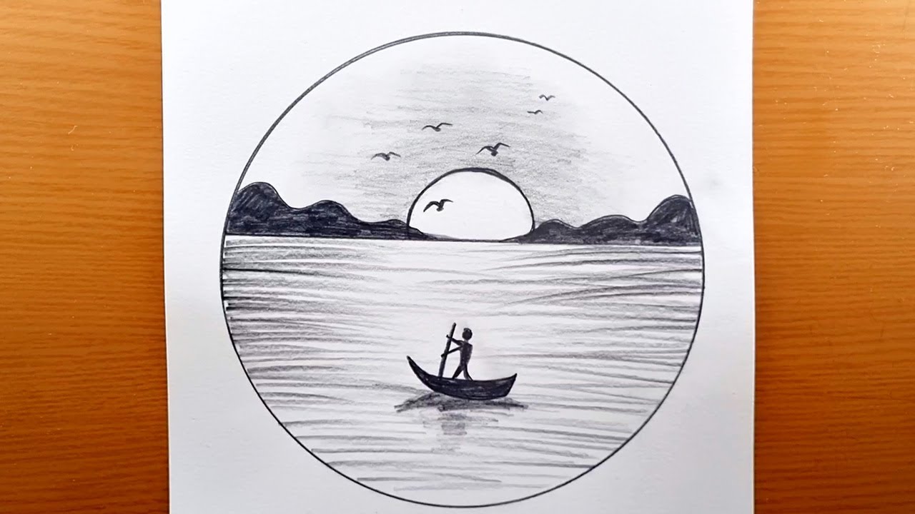 Come disegnare un paesaggio a matita facile -  Disegni a matita di paesaggi al tramonto