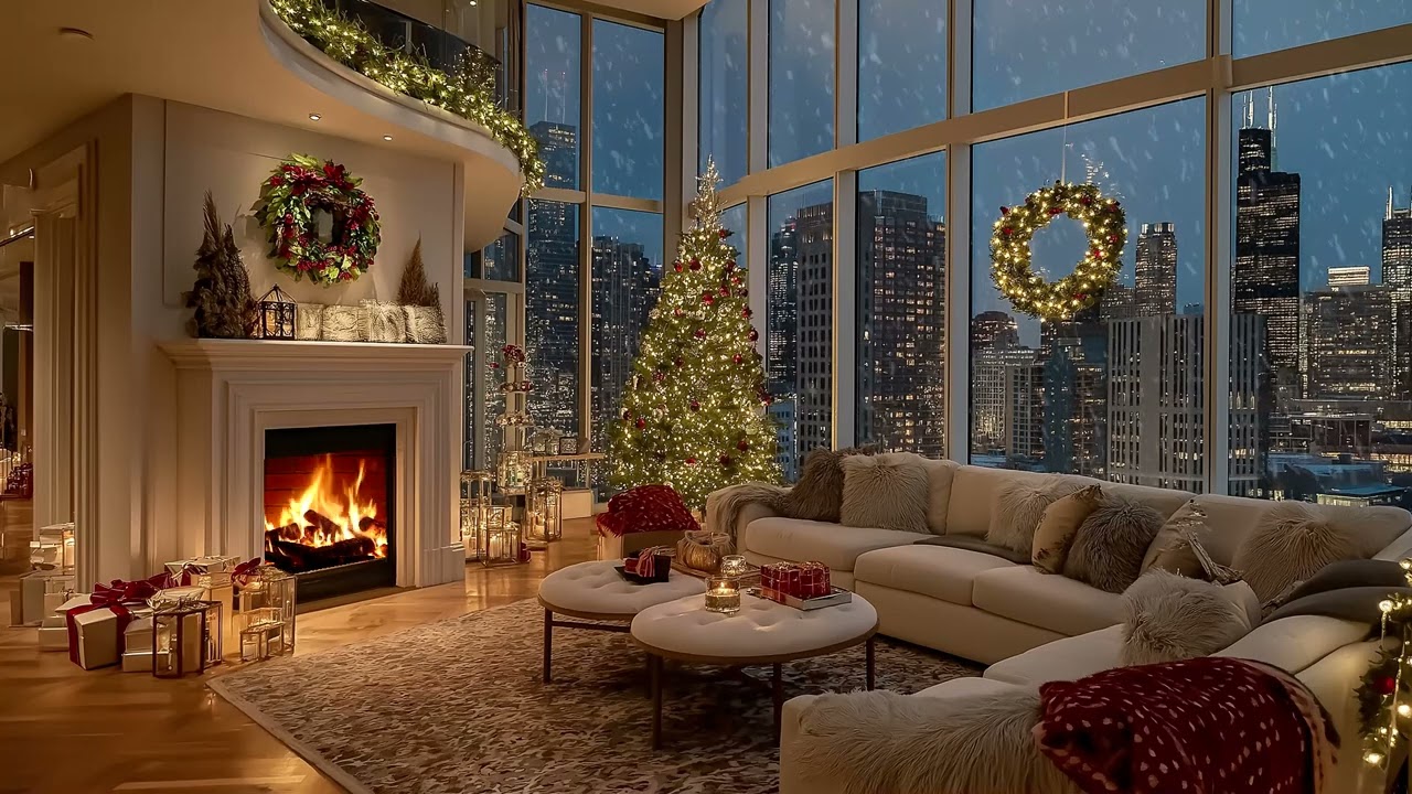 🥂Urban Winter Jazz | Warm Hearth Glow & Falling Snow (3 Hours) | Calm Focus Study Stress Relief