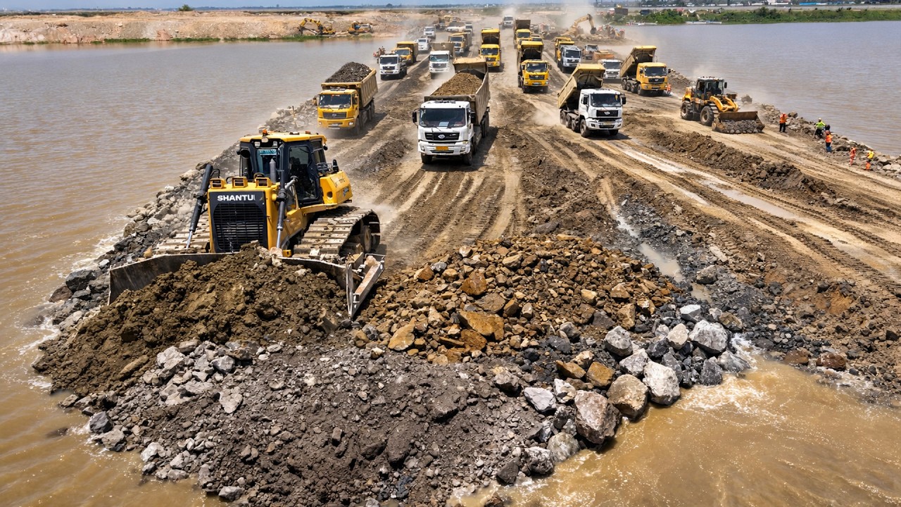 Massive Land Reclamation Project | Bulldozer Pushing Stone Into Water & 10 Wheel Dump Truck Unloadin