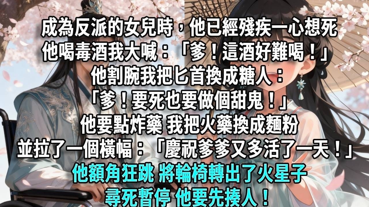 成為反派的女兒時，他已經殘疾一心想死。他喝毒酒我大喊：「這酒好難喝！」他割腕我把匕首換糖人：「要死也要做個甜鬼！」他要點炸藥我把火藥換成麵粉，拉了一個橫幅：「慶祝又多活了一天！」他將輪椅轉出了火