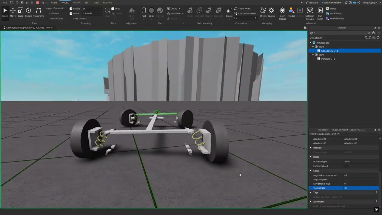 Roblox Studio FWD double wishbone chassis physics test