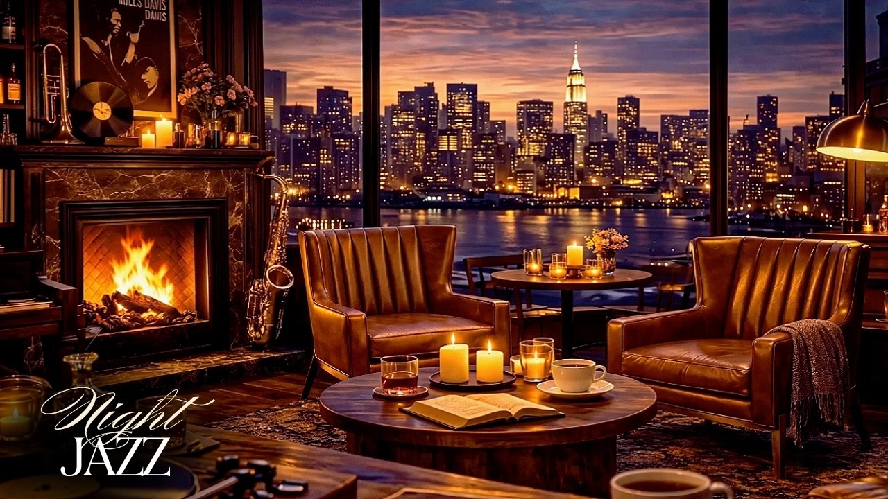 New York Jazz Café 🔥 Cozy Fireplace Ambience for Relaxing, Studying & Working | Smooth Jazz
