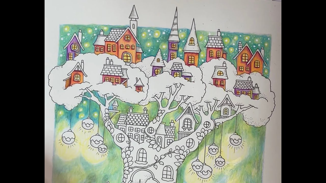 Part 2 village, Magical Worlds by Johanna Basford, Prismacolor Botanical Set of 12 pencils.