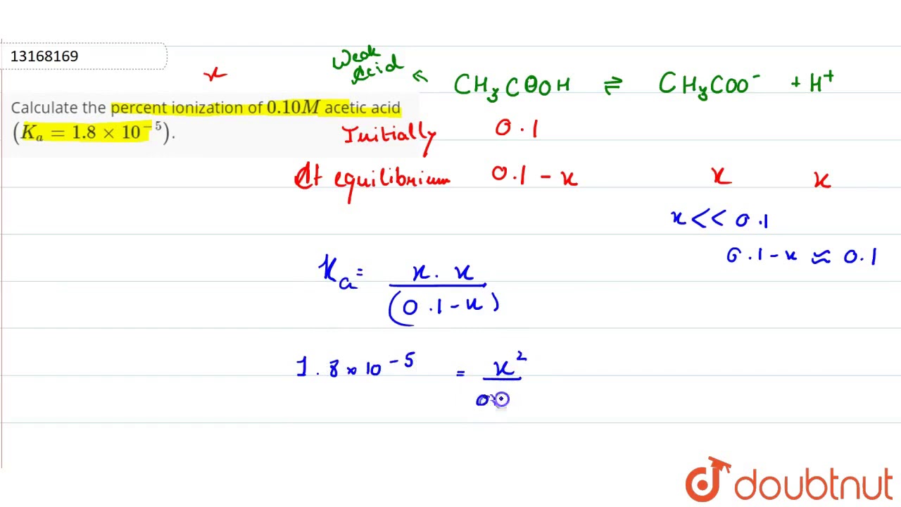 Calculate the percent ionization of `0.10M` acetic acid `(K_a=1.8xx10^(-5))`.