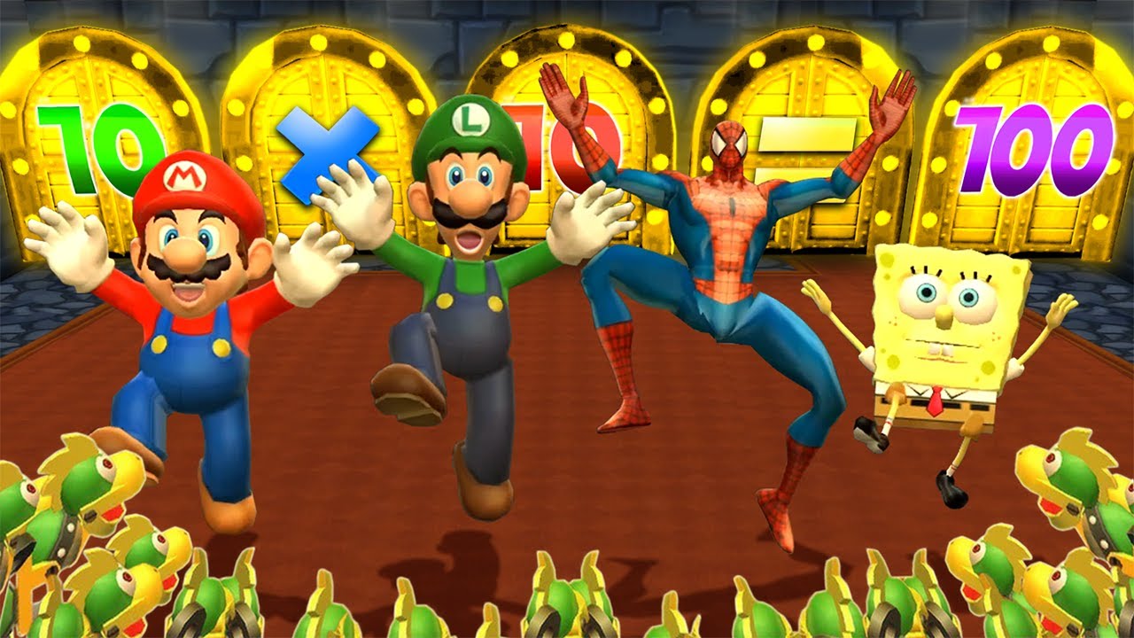 Mario Party 9 MiniGames - Luigi Vs Mario Vs Spider Man Vs SpongeBob (Master Cpu)
