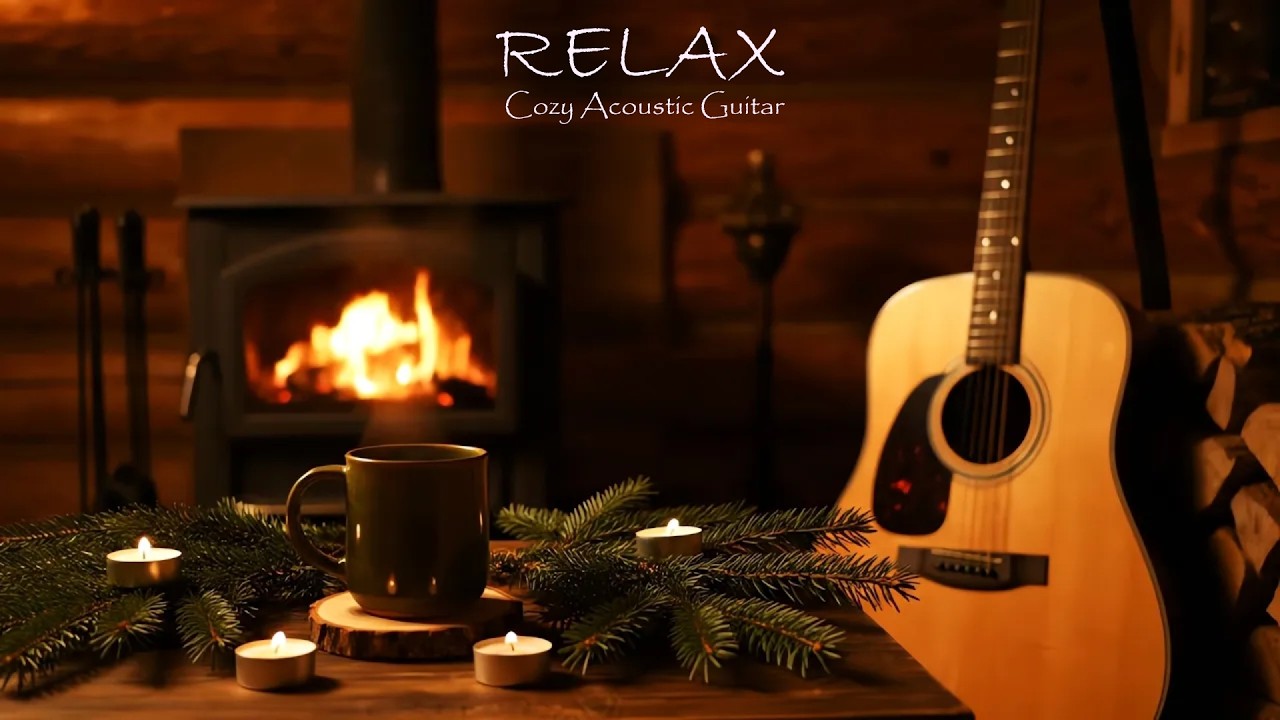Warm Coffee Acoustic Guitar | Relaxing Fireplace Ambience for Calm (2 Hours)