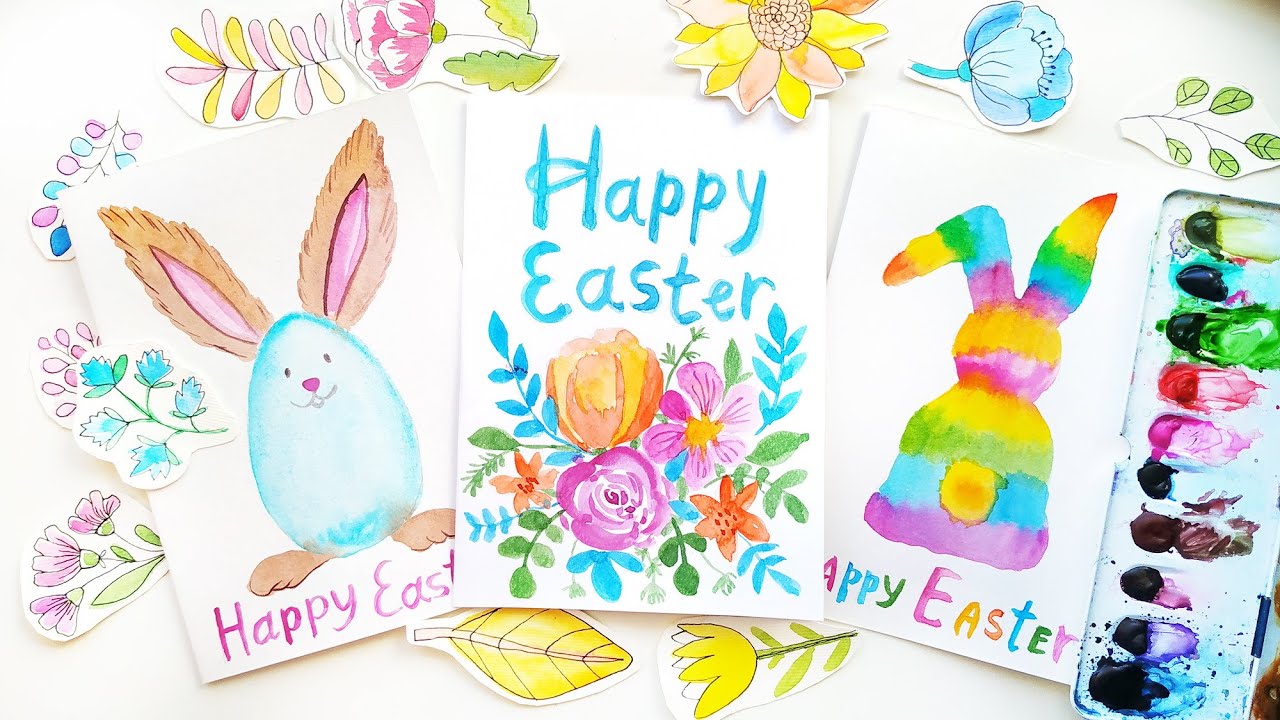 DIY Easter Cards Ideas - Watercolor Easter Bunny and Floral Painting Tutorial