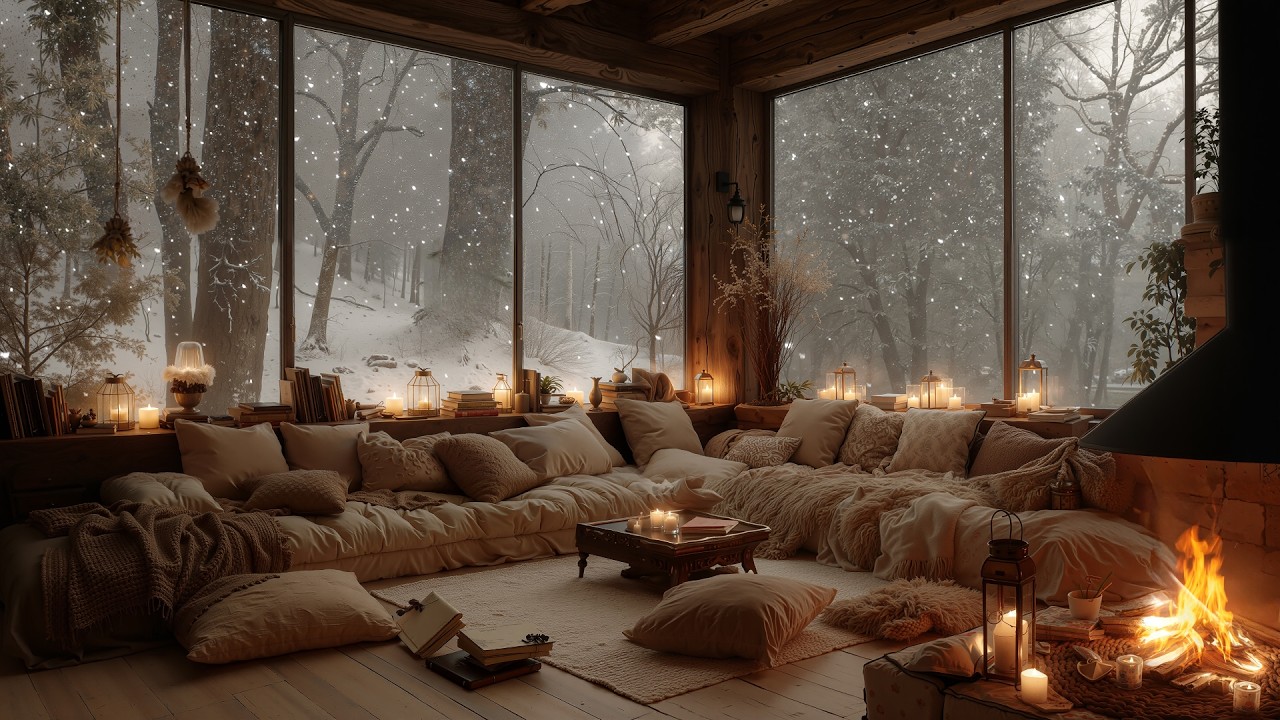 Snowfall Night in a Cozy Cabin ⛄Gentle Piano & Fireplace Sounds for Deep Sleep