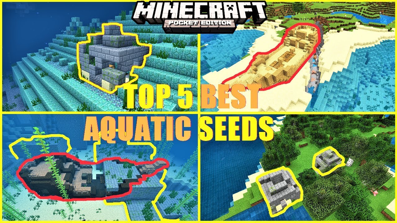 TOP 5 BEST AQUATIC UPDATE SEEDS ! SHIPWRECK IN STRONGHOLD, LAND RUINS & MORE ! MCPE 1.4