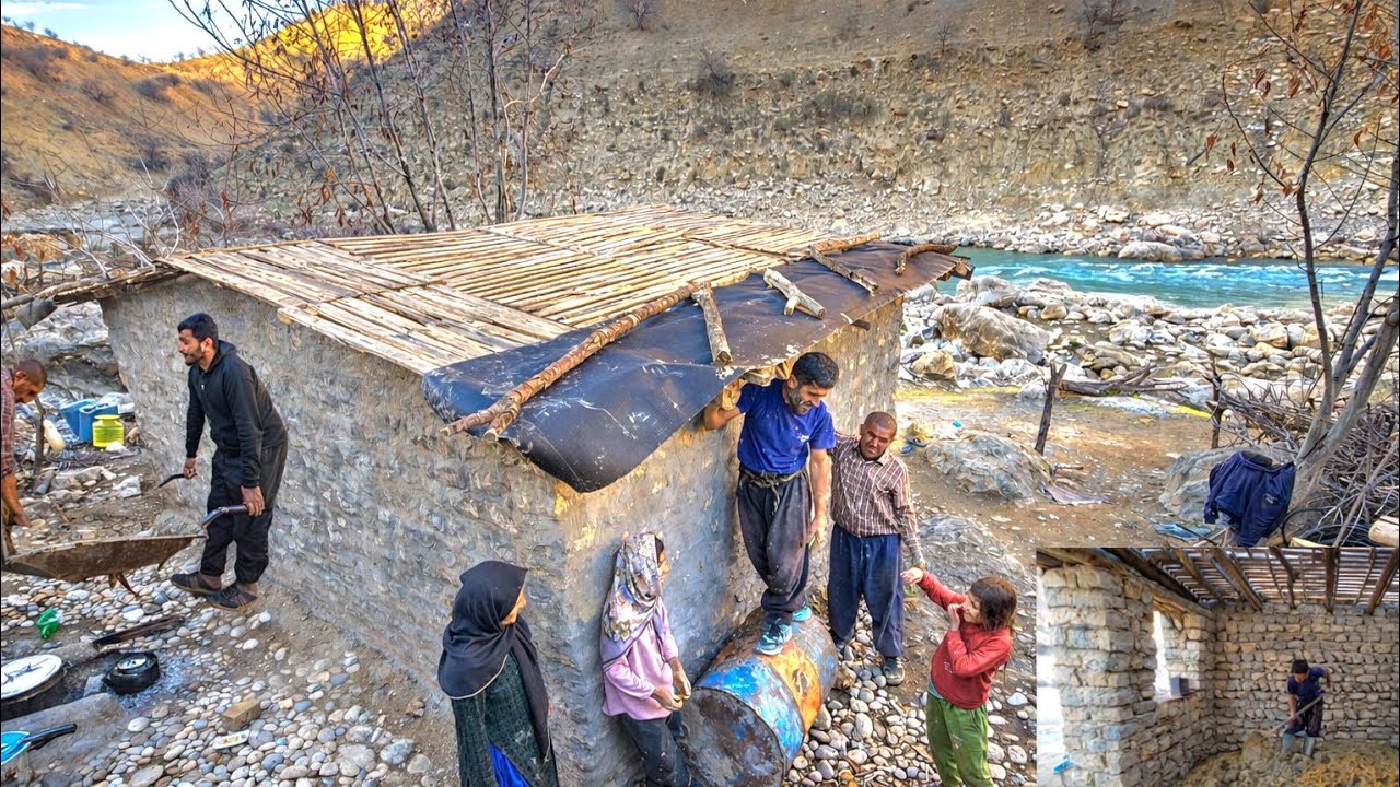 Nomadic life by roaring river:building a stone house and preparing a traditional thatch for the roof