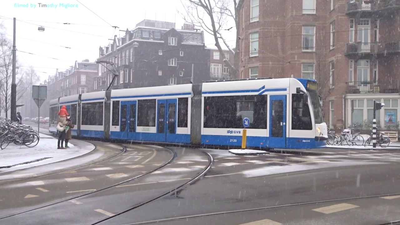 Trams in Snowstorm in Amsterdam, Netherlands 2017