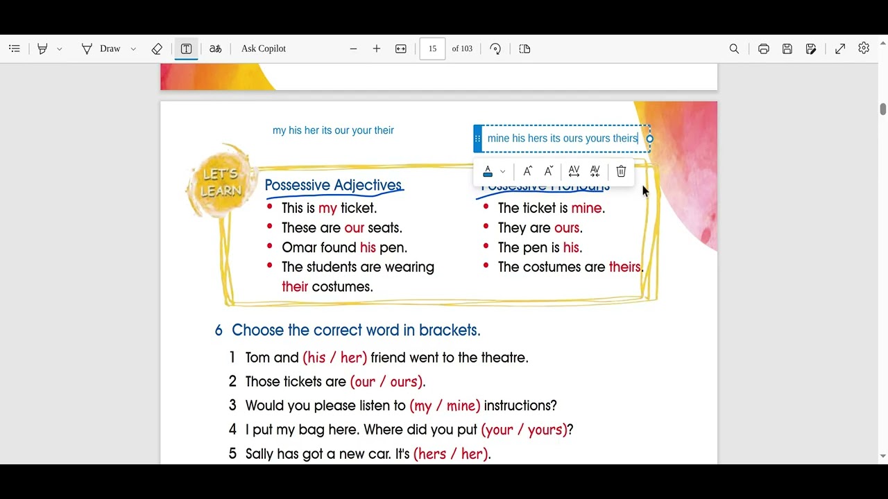 Possessive adjectives and pronouns السادس At the Theater #جيداء_صقر #moreenglishmorelove #سادس_ايمار