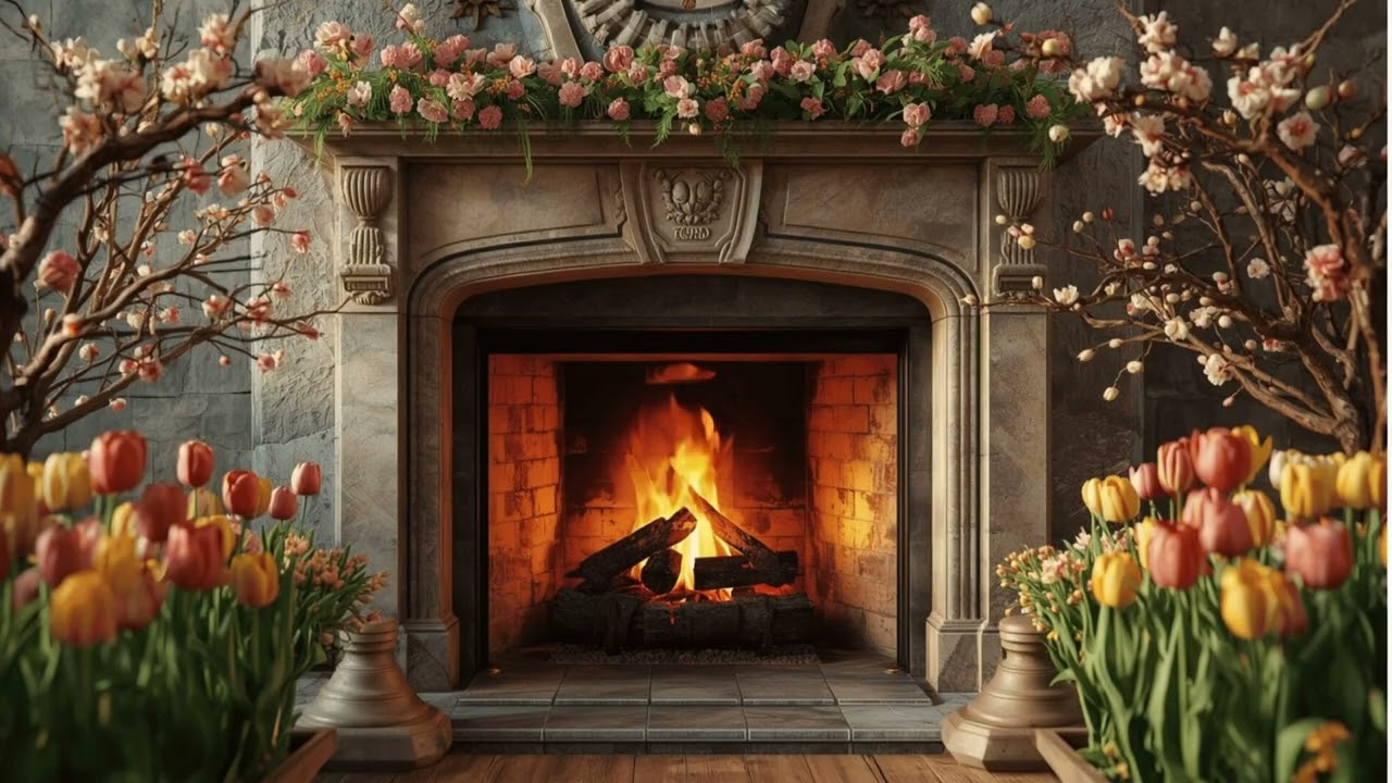 Spring Fireplace Ambience 🌸 Classical Music & Crackling Fire | Study, Work, Relax | 1 Hour (Full HD)